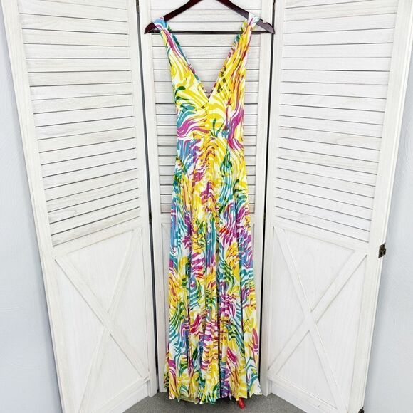 Milly Oria Waves of Zerbra Pleated Halter Maxi Dress Yellow Pink Multi Size 4 - Picture 11 of 15